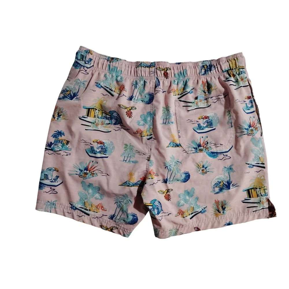 George Mens Swim Trunks Large Pink Tropical Parrot Palm Tree Print Elastic Waist